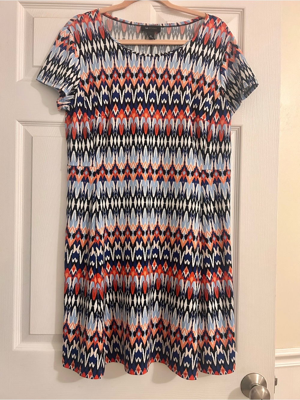 AB Studio Navy, Coral & Light Blue Patterned Knit Dress